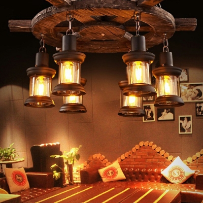 6-Light Hanging Ceiling Lights Nautical Wood and Steel Pendant Light Fittings in Dark Wood with Clear Glass Shade