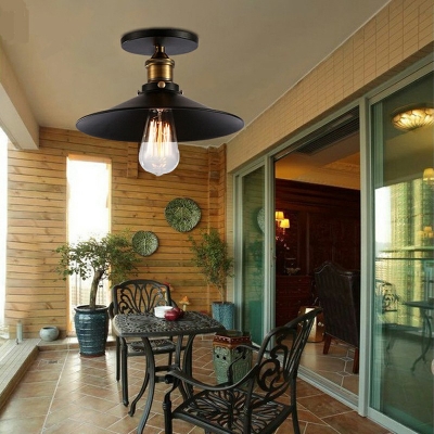 Industrial-Style Black Flared Flush Light Fixture Metal Single Bulb Balcony Ceiling Lamp