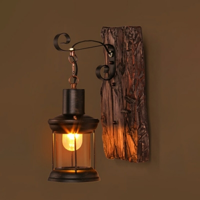 Vintage Retro Style Wall Lamp Single Light Suspended Cage Wall Lighting for Bar in Dark Wood