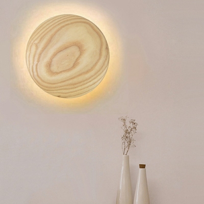 Wooden Circle Shape Wall Sconce Light Natural Oak LED Wall Lighting for Bedroom in Warm Light