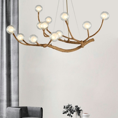 Modern Height Adjustable Wooden Branching Chandelier LED Glass Globe Chandelier for Living Room Restaurant Bar Bulb Included