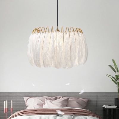 Palm 16 Inchs Height Pendant Minimalist Feathe1 Head White Suspended Lighting Fixture over Table in Gold