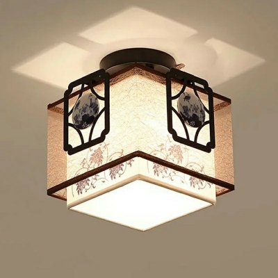 White 1 Head Flush Mount Lamp Traditional Fabric Square 8 Inchs Wide Ceiling Fixture for Bedroom