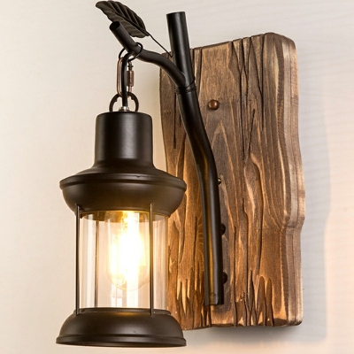 Wooden Base Sconce Light with Lantern 1 Light 10 Inchs Wide Rustic Wall Light in Black for Bar