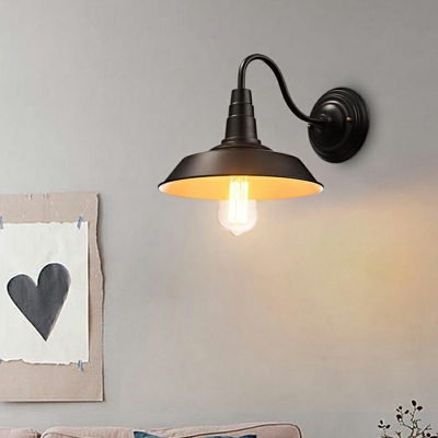 1-Light Industrial Gooseneck with Barn Style Shade Wall Light Black/White for Dining Room
