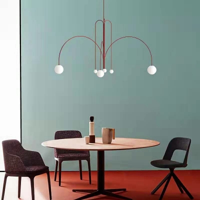 Arched LED Suspension Light Nordic Metal 6 Bulbs Living Room Chandelier Light with Sphere Opal Glass Shade