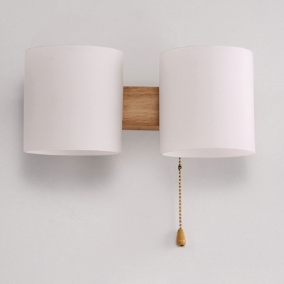 Asian Wall Mounted Light Wood Cylinder Wall Sconce Light with White Glass Shade for Bedroom