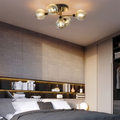 Modern Spherical Ceiling Flush Glass Bedroom Semi Flush Mount Light Fixture with Branch Arm