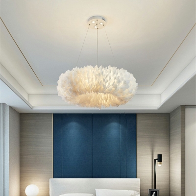 Stylish Minimalist Donut Shaped Pendant Feather Bedroom Chandelier Lighting in White with 47 Inchs Height Adjustable Cord