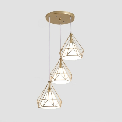 Diamond Form Golden Pendant Moden 11 Inchs Height Living Room Iron Cage Hanging Lamp