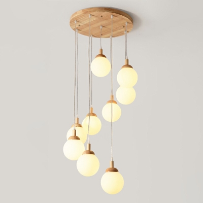Frosted Glass Globe Pendant Light Modernist LED Hanging Light Fixture in Wood for Stairs