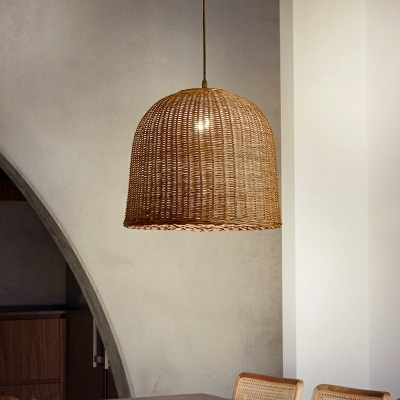 Simplicity Bell Shade Suspension Light Bamboo 1-Light Restaurant Pendant Light Fixture in Brown