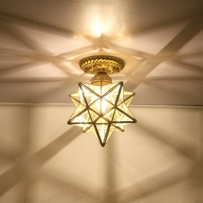 Star Metal Semi-Flushmount Light Colonial Style Triangle Glass 1-Bulb Ceiling Light in Brass