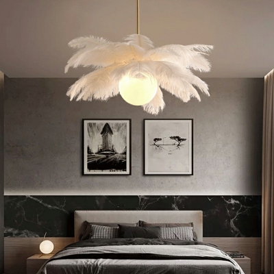 White Feather Layers Pendant Chandelier Contemporary 19 Inchs Height  Hanging Ceiling Light for Bedroom