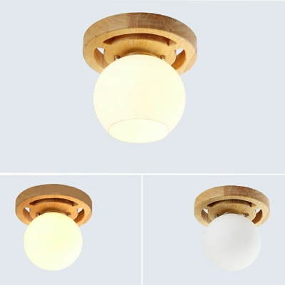 Wooden Modern Ceiling Light Ceiling Mount White Glass Shade Semi Flush For Hallway