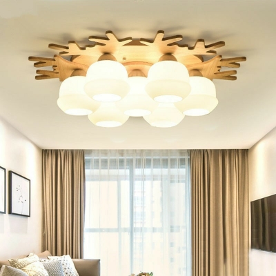 Wooden Modern Ceiling Light Dome Shape Ceiling Mount White Glass Shade Semi Flush For Hallway