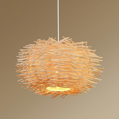 Asian Style Bird Nest Shaped Hanging Light Fixture Wood Dinning Room Pendant Lighting