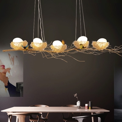 Dining Room Suspension Light Glass Egg Shape  Postmodern Island Lamp with Bird's  Nest and Branch Decor