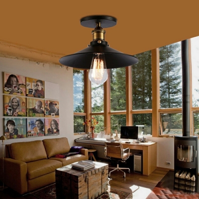 Industrial-Style Black Flared Flush Light Fixture Metal Single Bulb Balcony Ceiling Lamp