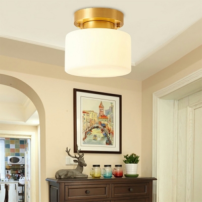 Modern Glass Drum Semi Flush Mount Ceiling Lighting Fixture 1 Light White Flushmount Light