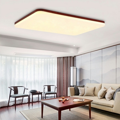 Red Brown LED Flush Mount Light Asian Style Wood Acrylic 2 Inchs Height Ceiling Lamp for Bedroom