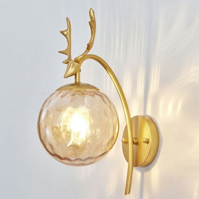 Spherical Wall Lamp Minimalist 1 Light Rippled Glass Wall Sconce Lighting with Antlers and Arm