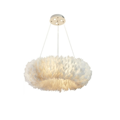 Stylish Minimalist Donut Shaped Pendant Feather Bedroom Chandelier Lighting in White with 47 Inchs Height Adjustable Cord