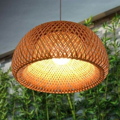 Bamboo Dome Ceiling Pendant Lamp Asian 1 Head Wooden Suspension Light for Hallway in Beige