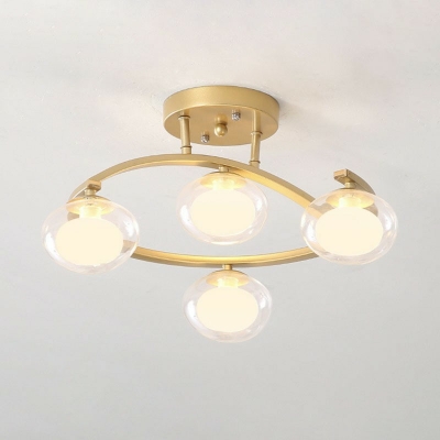 Curly Semi Flush Mount Chandelier 16 Inchs Height Nordic Metallic Bedroom Ceiling Light with Ball White Glass Shade