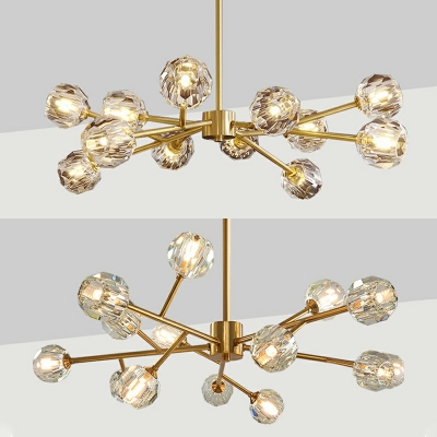 Faceted-Cut Crystal Ball Chandelier Postmodern Living Room Ceiling Chandelier in Brass