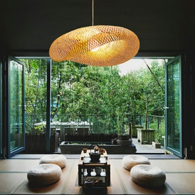 Hand-Twisted Bamboo Pendant Light Fixture Asian 1 Head Wooden Ceiling Suspension Lamp in Beige