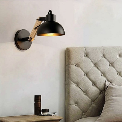 Industrial Style Wall Lamp LED Adjustable Wood Swing Arm Dome Metal Shade Wall Mount Light for Bedroom