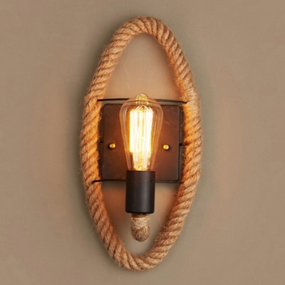 Natural Flaxen Rope Industrial Wall Sconce Black Backplate 1-Bulb without Shade Wall Lamp