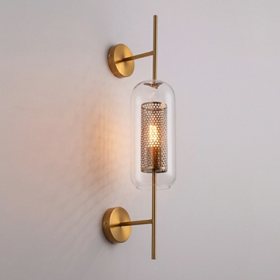 Oblong Clear Glass Wall Lamp Modern 1 Bulb Brass Sconce Lighting with Inner Mesh Cage for Bedroom