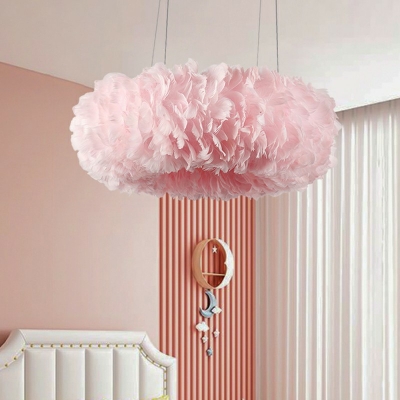 Stylish Minimalist Donut Shaped Pendant Feather Bedroom Chandelier Lighting in Pink