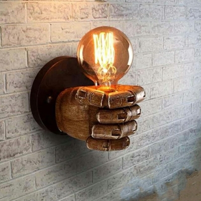 Vintage Resin Fist Wall Lighting Ideas 1 Head Decoration Sconce Light for Bar Restaurant in Dark Wood