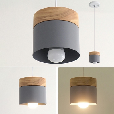1 Light Cylinder Shape Wooden Ceiling Lamp Metal Shade Pendant Lighting for Kitchen