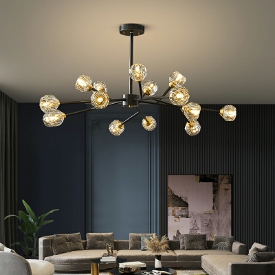 Faceted-Cut Crystal Ball Chandelier Postmodern Living Room Ceiling Chandelier in Black