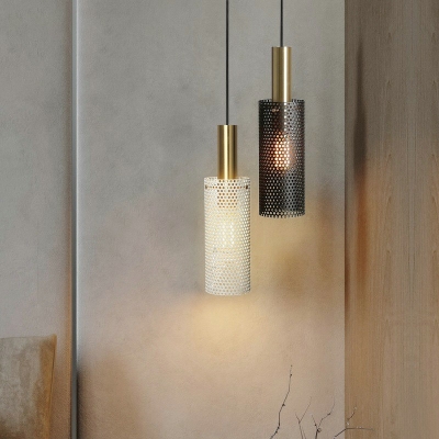 Metal Mesh Pendant Lamp Minimalist Cylinder Shade Single Bulb Hanging Light in White