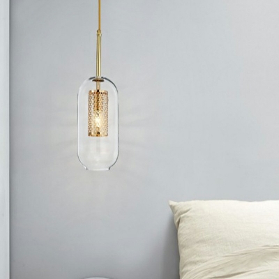 Postmodern Capsule Shaped Pendant Light Glass 1-Light Living Room Hanging Light with Mesh Tube Inside