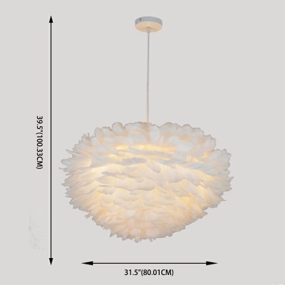 Feather Sphere Nordic Style Round Pendant Lamp Feather Bedroom Hanging Chandelier with 39.5 Inchs Height Adjustable Cord