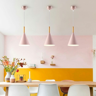Multiple Macaron Color Nordic Living Room Pendant Metal and Wood Cone Lid Shade 1-Head Hanging Lamp