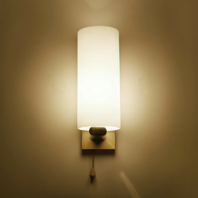 Single Head Cylinder Vanity Lamp Contemporary Milky Glass Wall Light Sconce in Wood for Corridor