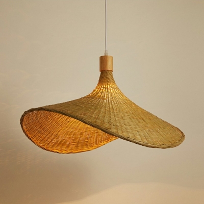 Straw Hat Hanging Light Asia Bamboo 1 Light Beige with 39.5 Inchs Height Adjustable Cord Pendant Lighting Fixture for Indoor