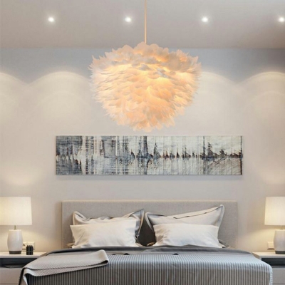 White Ball Bedroom Pendulum Light Feather 1-Light Romantic Nordic Pendant Lighting with 39.5 Inchs Height Adjustable Cord