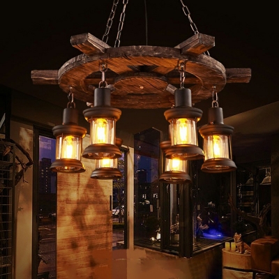 6-Light Hanging Ceiling Lights Nautical Wood and Steel Pendant Light Fittings in Dark Wood with Clear Glass Shade