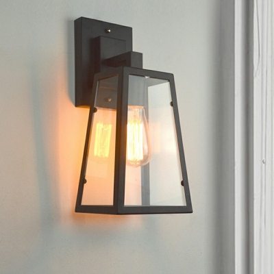 Industrial Trapezoid Wall Light with Clear Glass Shade Wrought Iron Frame Single Light Wall Sconce in Black