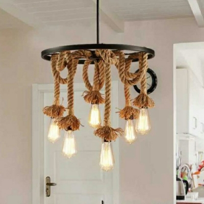 Iron Wagon Wheel Chandelier Industrial 6 Lights Dining Room Pendant Light with Hemp Rope in Flaxen