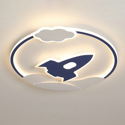 Kids Style LED Ceiling Lamp Blue Round Metal Flush Mount Ceiling Light with Rocket Disign