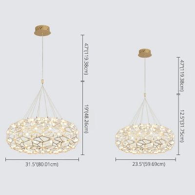 Metal Panel Chandelier Lighting Modern Golden Ceiling Hang Fixture with Drum Design and White Globe Shade for Restaurant